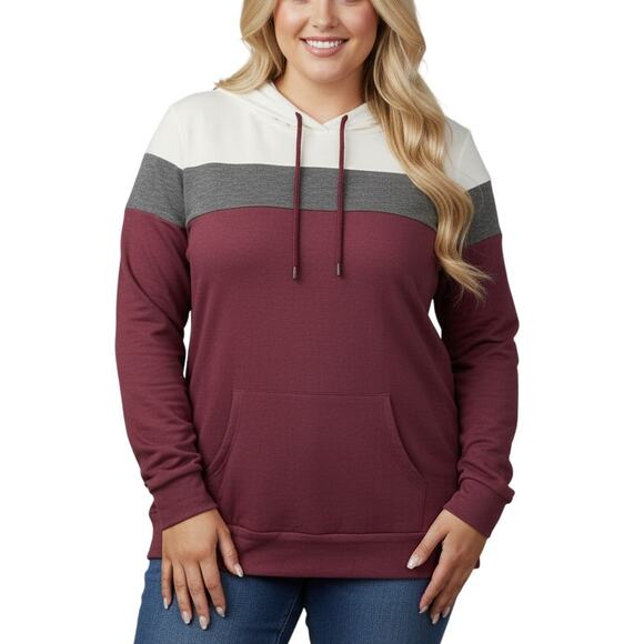 Market & Spruce Women’s Pullover Hoodie Colorblock Maroon White Gray NWT Plus 1X - Picture 1 of 9
